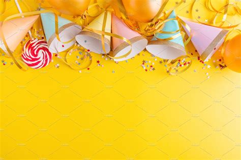 Birthday Party Background On Yellow High Quality Holiday Stock Photos