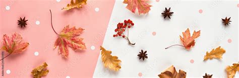 Happy Friday greeting text on text board. Autumn leaves, spices and rowan berry, flat lay ...