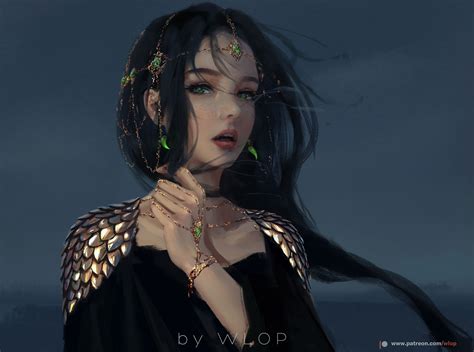 Wlop Women Open Mouth Green Eyes Artwork Ghostblade X