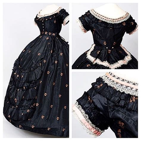 Silk Brocade Ball Gown 1865 1875 Black Ribbed Taffeta Brocaded With