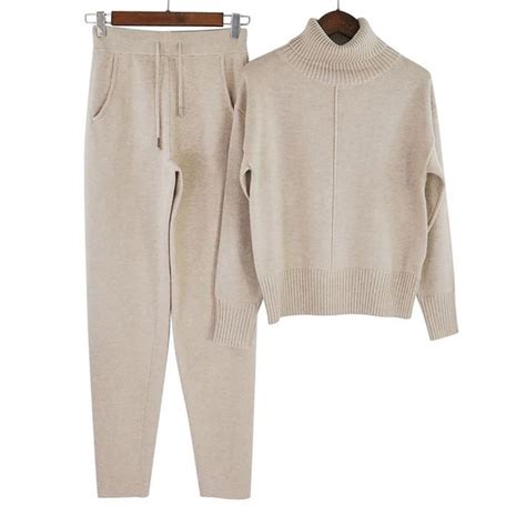 Women S Sweater And Pants 2pcs Set Woolen Cashmere Knitted Warm High Collar Mink Loose Style For