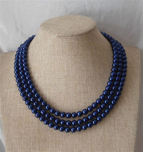 Navy Blue Pearl Necklacetriple Strands Pearl Necklacewedding Etsy