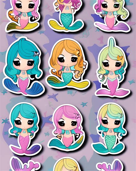 Mermaid Cute Kawaii 9 Sticker Set · Creative Fabrica