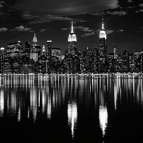 New York Skyline At Night Shower Curtain Black And White Photo City