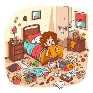 Clean Your Room Vector, Sticker Clipart Cartoon Bedroom With Messy ...