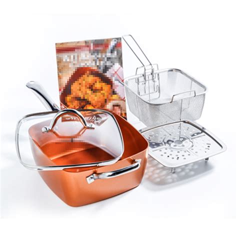 4 piece/ set copper square frying pan induction for chef glass lid fry ...