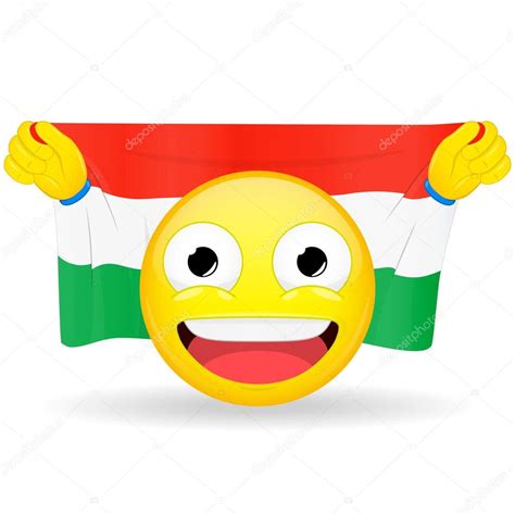 Emoji fan holds in hands flag behind his head. Hungarian flag. Fan cares for his country. Glory ...