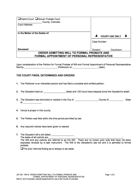 Order Admitting Will To Formal Probate And Formal Appointment Fill