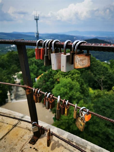 Love locks in changing colors on Janos Hill, Budapest 26704519 Stock