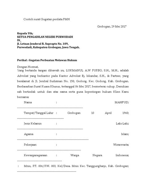 Contoh Surat Gugatan Perdata Pmh Pdf