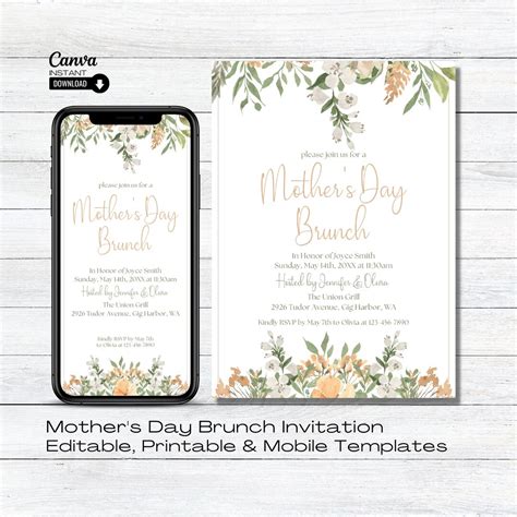 Editable Mothers Day Brunch Invitation Printable Mother S Day Brunch Invite Mobile Mothers Day