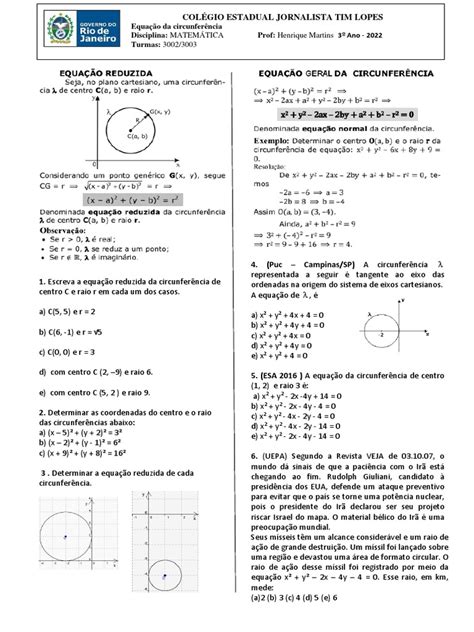 Equação Da Circunferencia Pdf Círculo Equações