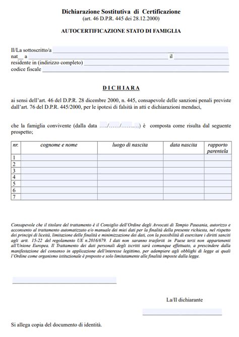 AUTOCERTIFICAZIONE STATO DI FAMIGLIA WORD E PDF MODULO