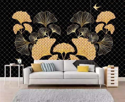 Wallpaper 3D Golden Ginkgo Leaf Geometric Bird Wall Murals Wallpapers