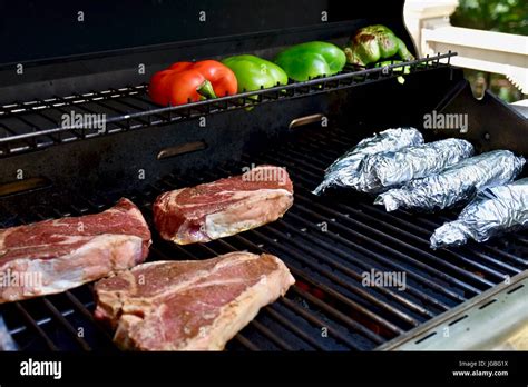 Summer Bbq Grilling Steak Corn And Peppers Stock Photo Alamy