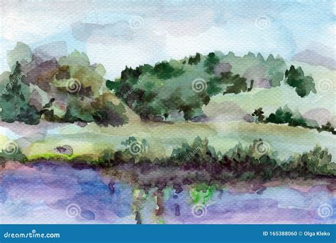 Watercolor Landscape River And Forest Stock Photo Image Of Decor