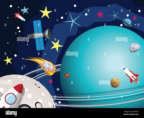 Cartoon Planeta Urano En El Espacio Con Estrellas Y Lanzaderas Imagen