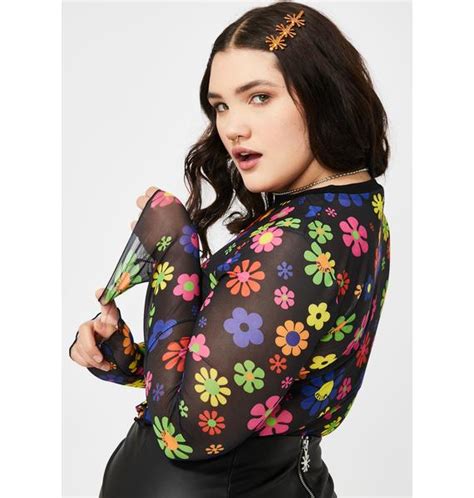 Plus Size Delias Flower Print Long Sleeve Mesh Top Black Rainbow