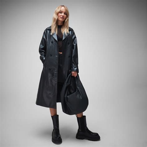 Missguided Faux Leather Double Breasted Trench Coat Black