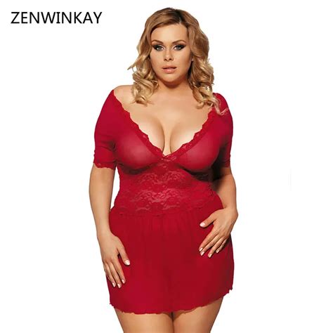 2018 Summer Ladies Red Short Sleeve Sex Nightwear Dress Lace Nightgowns Plus Size Sleepwear Sexy