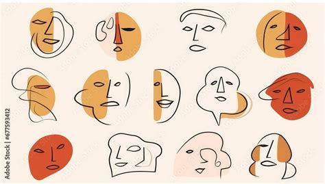 Continuous One Line Faces Set Contemporary Abstract Shapes With Doodle