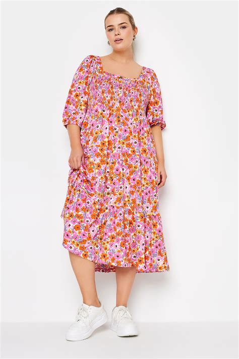 Yours Plus Size Pink Floral Print Tiered Midi Dress Yours Clothing