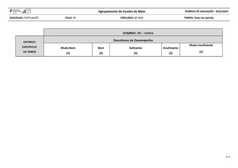 Rubrica Agrupamento de Escolas da Maia RUBRICA DE AVALIAÇÃO 2023