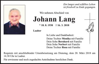 Traueranzeigen Von Johann Lang Mittelbayerische Trauer