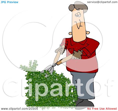 Clipart Illustration of a White Guy Using Hedge Trimmers To Cut A Green ...