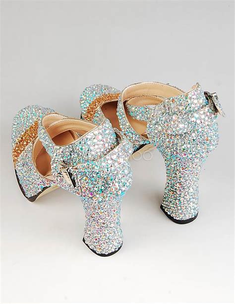 Glitter Silver Chunky Heel Sheepskin Almond Toe Womans High Heels