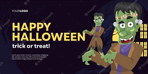 Premium Vector Happy Halloween Banner With Frankenstein Cartoon Character