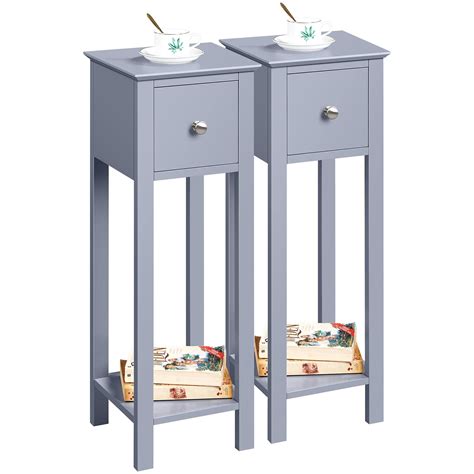 Yaheetech Grey Slim Bedside Table Set Of 2 Nightstand With Drawer Tall