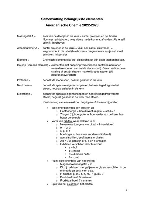 Samenvatting Anorganische Chemie 22 23 Samenvatting Belangrijkste