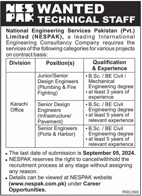 National Engineering Services Pakistan Nespak Jobs Job