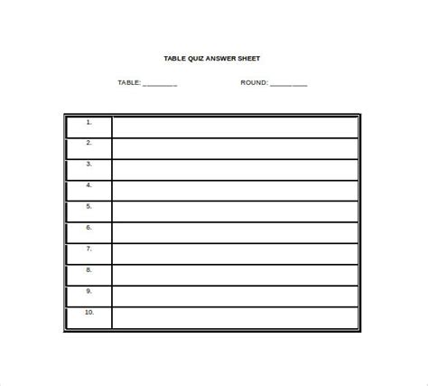 Table Quiz Answer Sheets