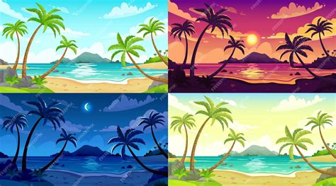 Premium Vector Daytime Beach Landscape Sunny Day Seascape Night