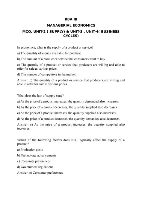 Bba Iii Mcq Unit 2 Supply Unit 3 Unit 4 Business Cycles Bba Iii