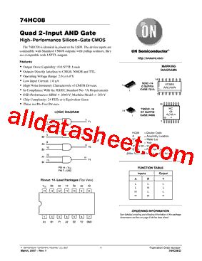 74HC08 数据表 PDF ON Semiconductor