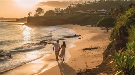 Young Couple On Bali Beach With Luxurious Houses In The Distance Stock