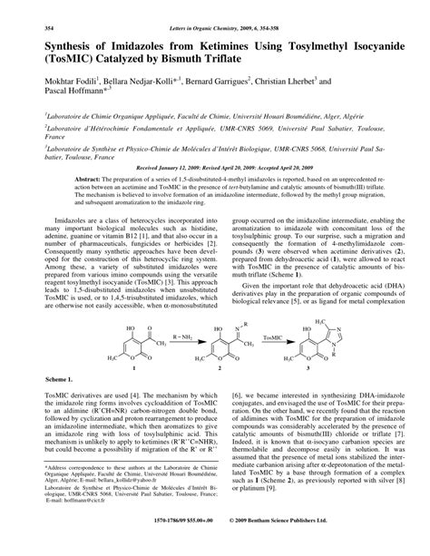 Synthesis of Imidazoles from Ketimines Using Tosylmethyl Isocyanide (TosMIC) Catalyzed by ...