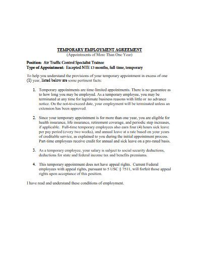 Temporary Employment Agreement 10 Examples Format Pdf