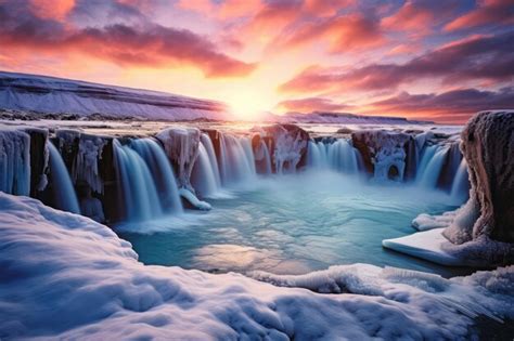 Premium AI Image | Godafoss waterfall at sunset in winter iceland