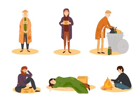 Homeless People Cartoon Set Premium Vector