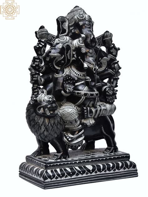 13 Heramba Ganesha Seated On Lion Stone Statue Exotic India Art