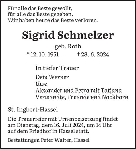 Traueranzeigen Von Sigrid Schmelzer Saarbruecker Zeitung Trauer De