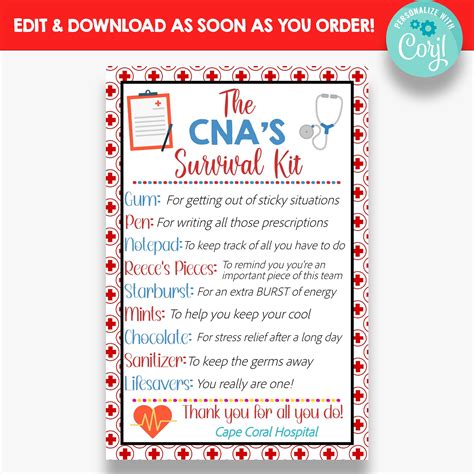 EDITABLE CNA S Survival Kit Tag CNA Appreciation Gift Etsy