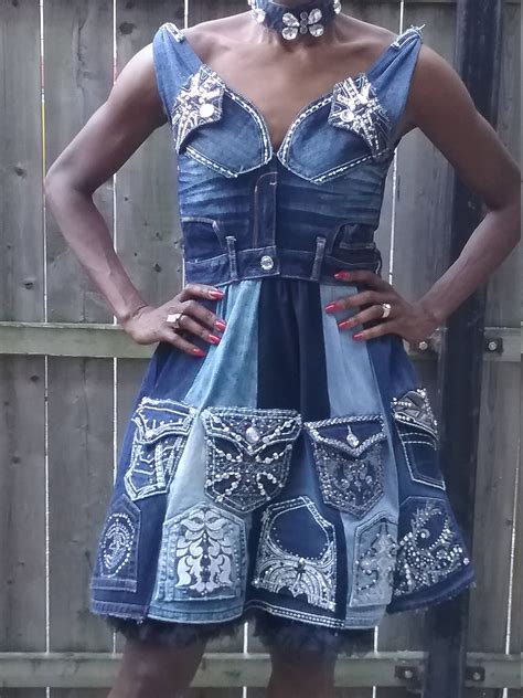 Upcycled Denim And Diamond Embellished Blue Jean Dress By