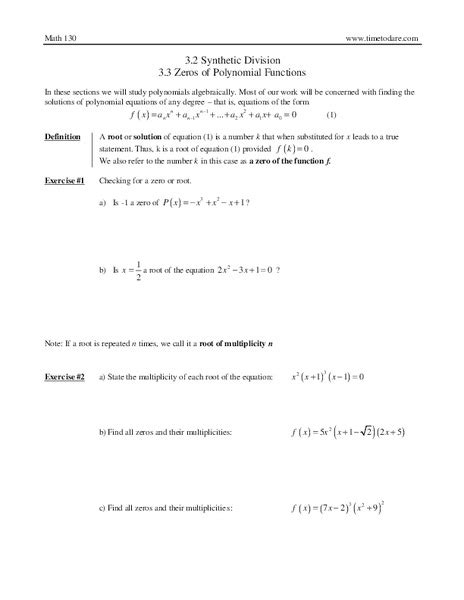 Polynomial Synthetic Division Worksheet