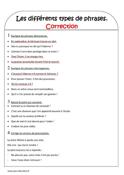 Différents types de phrases Ce2 Exercices corrigés Pass Education