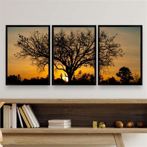 Kit 3 Quadros Paisagem Árvore Por do sol 24x18cm Vidro Moldura